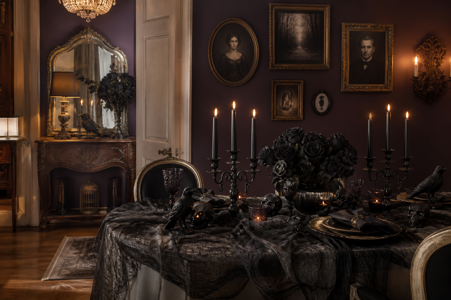 Elegant gothic Halloween dining room styled with black roses, ravens, candlelight and vintage portraits